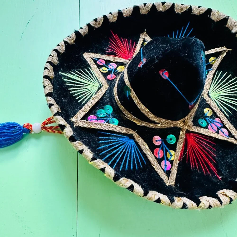 Vintage Mini Sombrero Black Velvet Mexican Hat Sequins Fiesta Decor 8